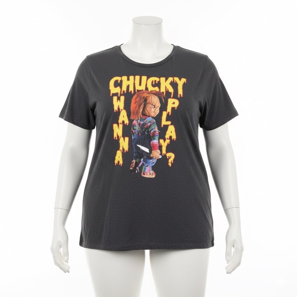 Chucky T Shirt Wanna Play‎ Horror Movie Graphic Womens Size 5X Dark Gray Novelty